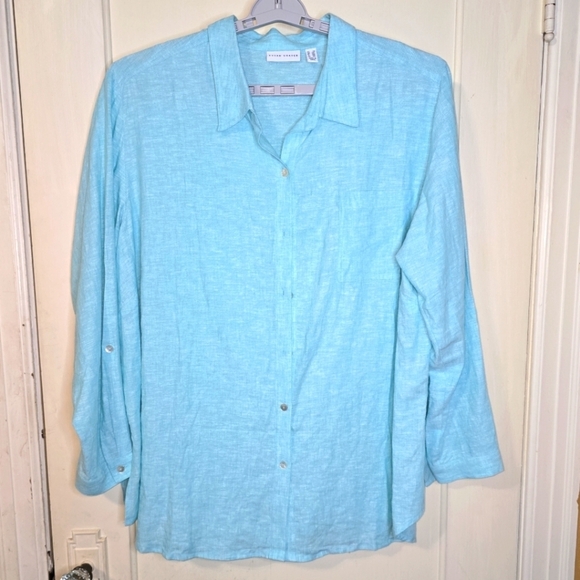 Susan Graver  Long Sleeve Button-Down Linen Blend Turquoise Green Top Size 2X - Picture 1 of 9